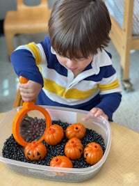 a toddler playing with a magnifying glass and pumpkins